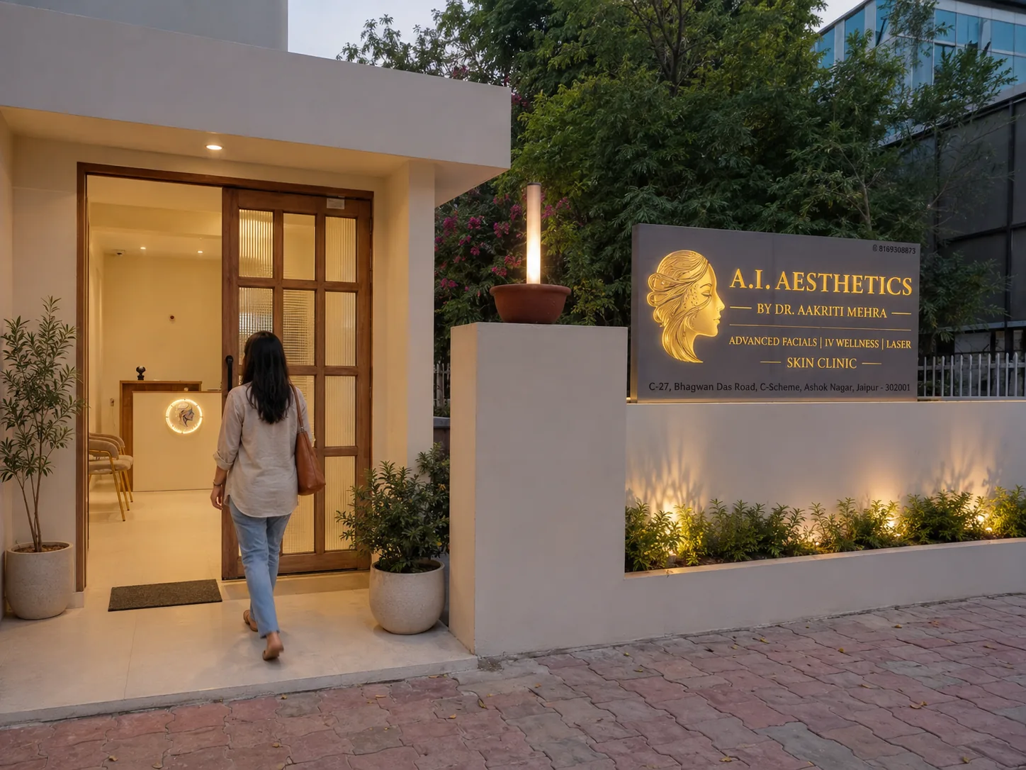 Evening view of the AI Aesthetics clinic entrance and signboard, C-Scheme, Jaipur