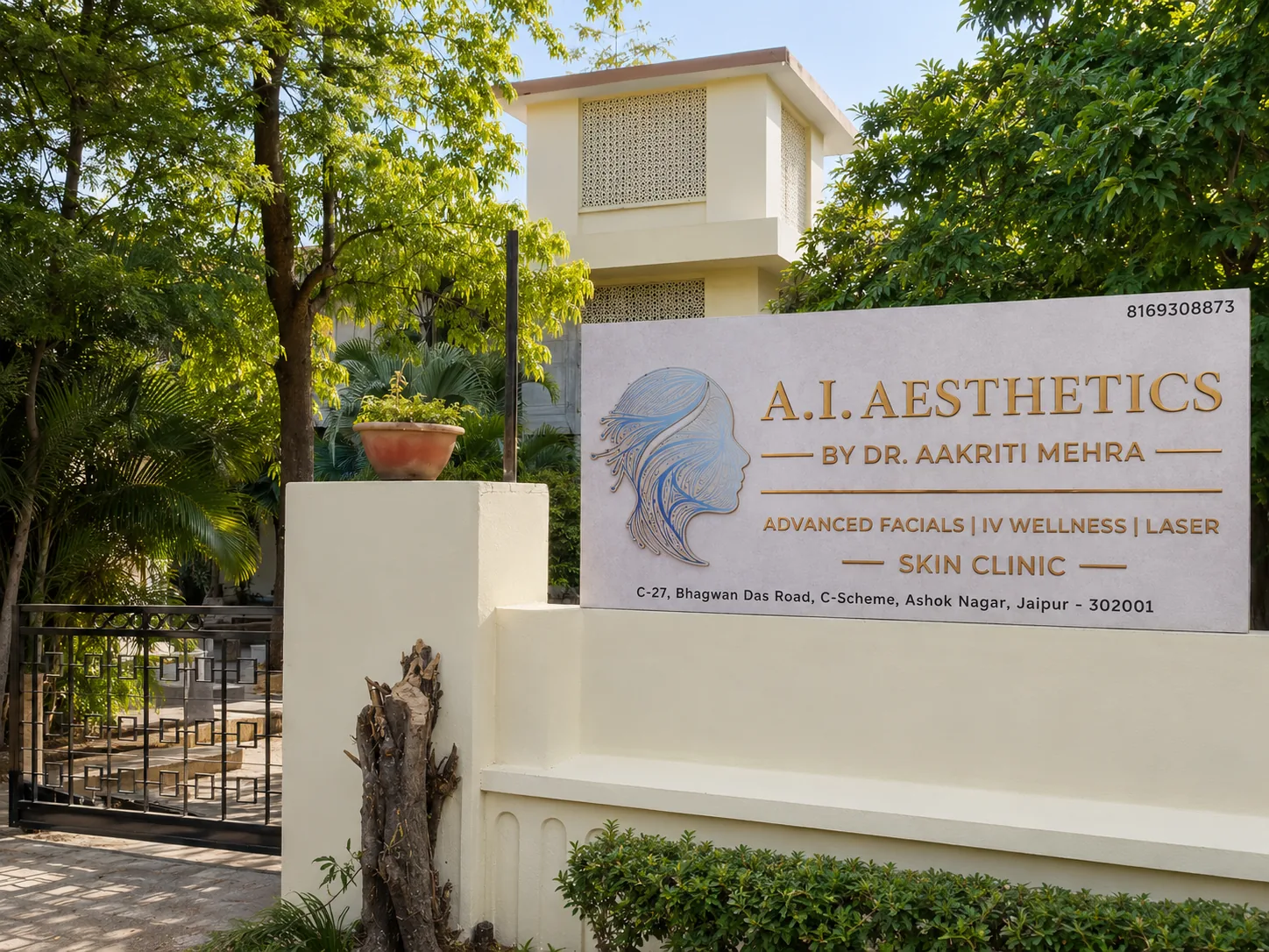 AI Aesthetics Locations — AI Aesthetics clinic daytime exterior signboard on Bhagwan Das Road, C-Scheme, Jaipur