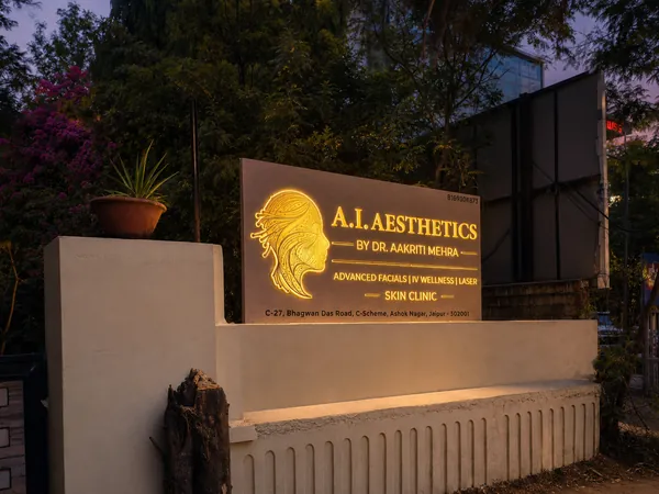 AI Aesthetics clinic illuminated evening signboard, C-Scheme, Jaipur
