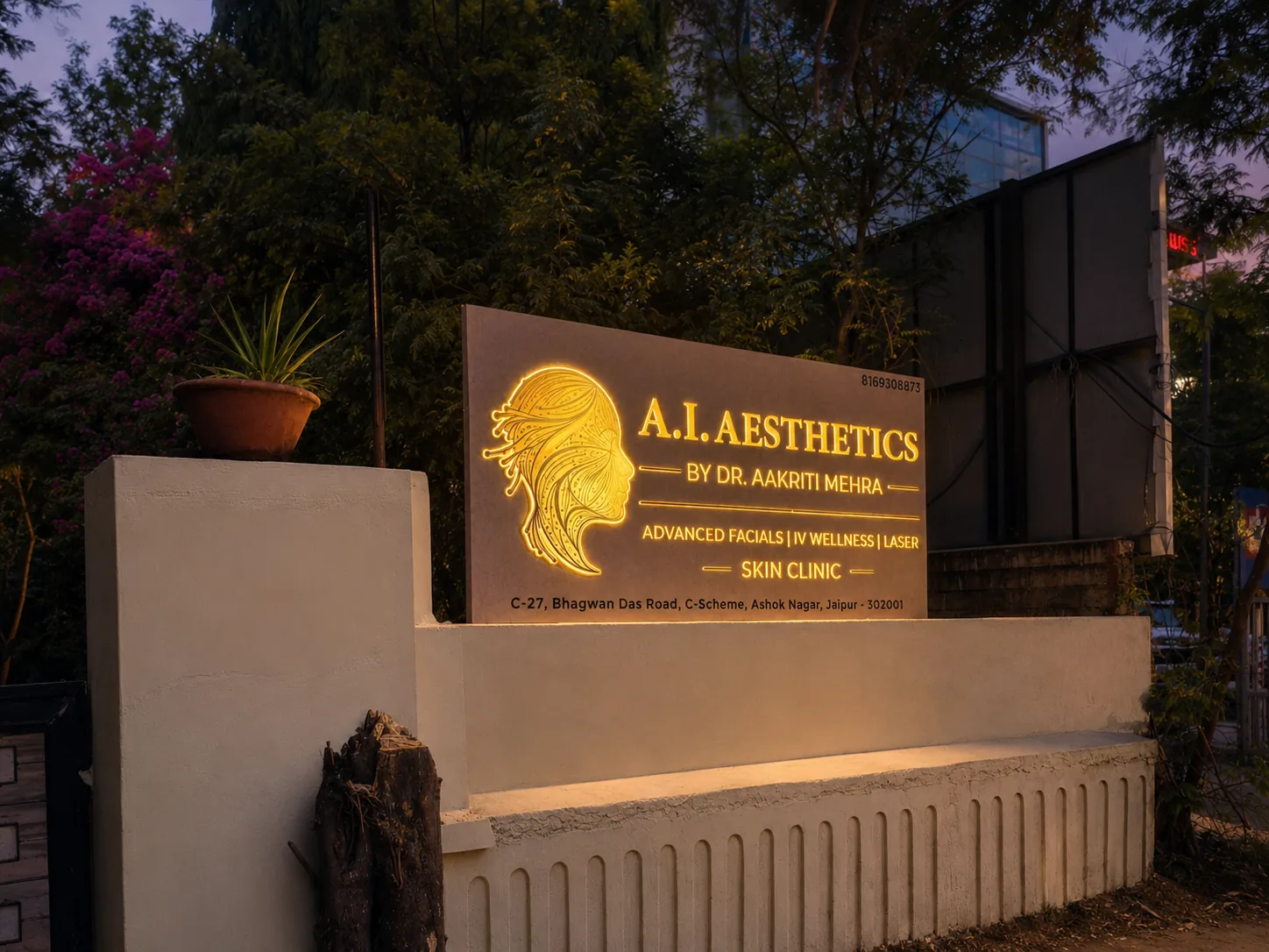 AI Aesthetics clinic illuminated evening signboard, C-Scheme, Jaipur