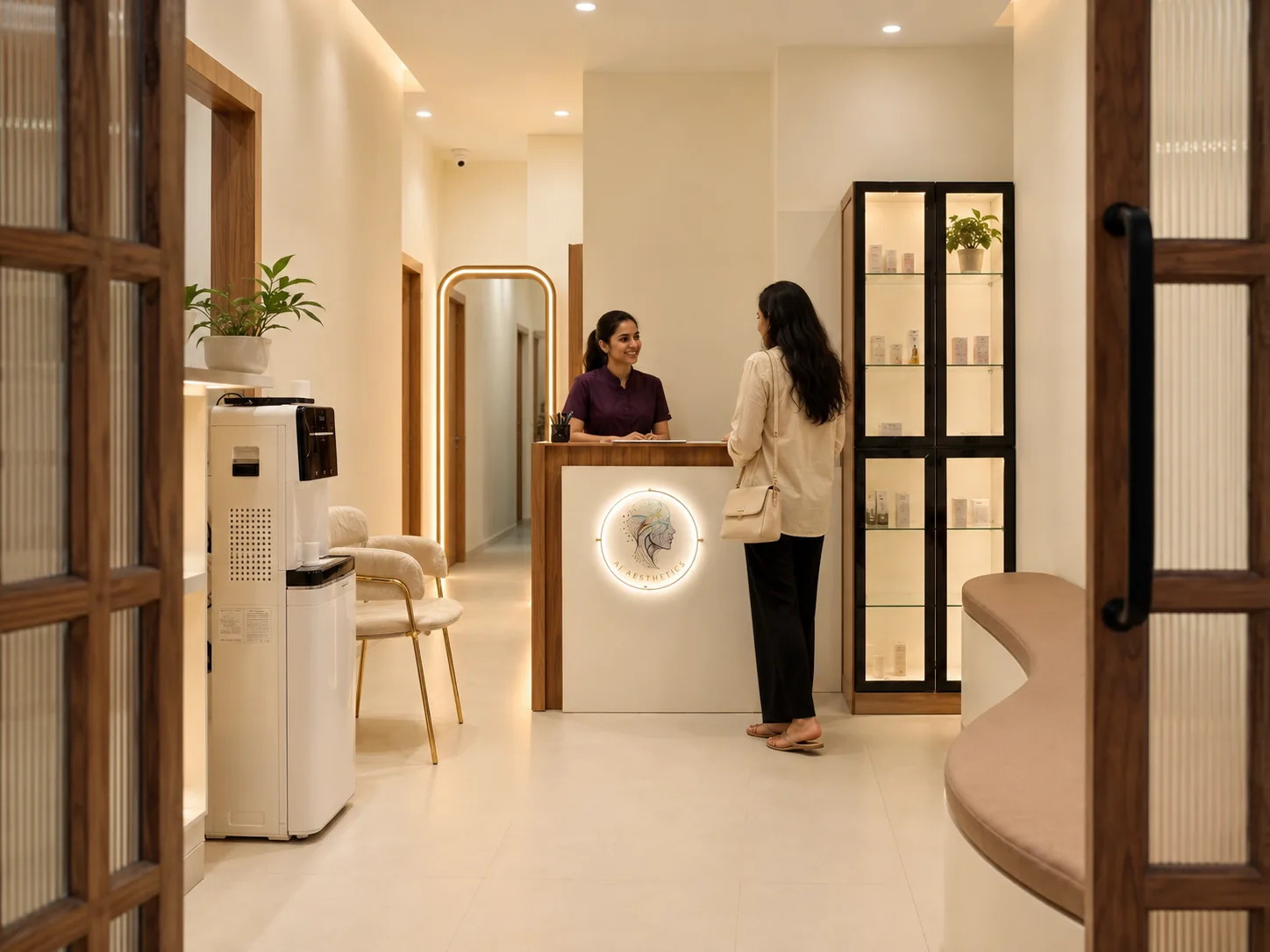 Client Reviews and Video Testimonials: Real Experiences at AI Aesthetics, Jaipur — Client speaking with the front desk at the AI Aesthetics reception, C-Scheme, Jaipur